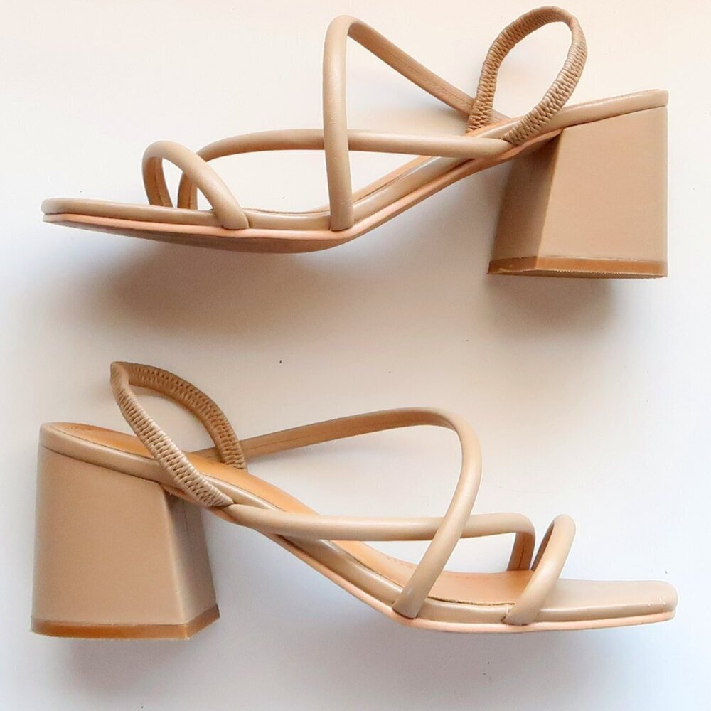 Lisa Vicky Tan Puffy Strap Open Toe Block Heel Sandals Summer Shoes Neutral 7.5